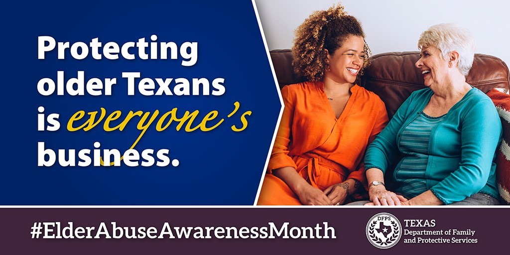 Twitter sized image of two women smiling on a couch for Elder Abuse Awareness Month.