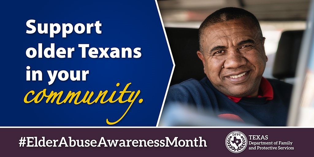 Twitter sized image of a man smiling for Elder Abuse Awareness Month.