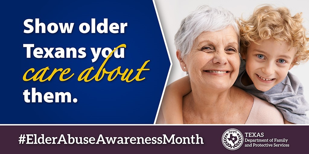 Twitter sized image of an older woman and child for Elder Abuse Awareness Month.