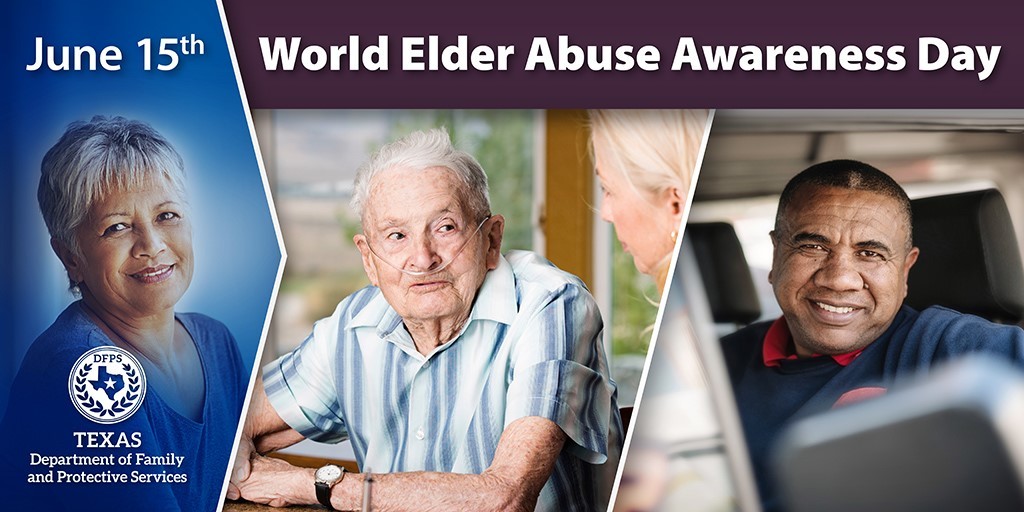 Twitter sized image of three older adults smiling for Elder Abuse Awareness Month.