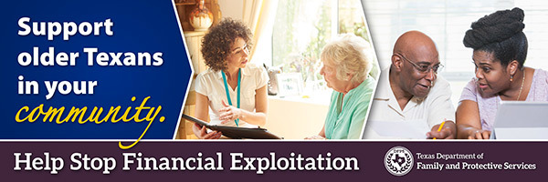 Image of people chatting around paperwork and computers for financial exploitation.