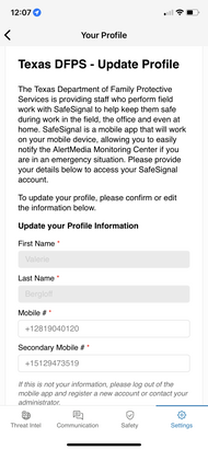 Screenshot from AlertMedia application on updating your profile.