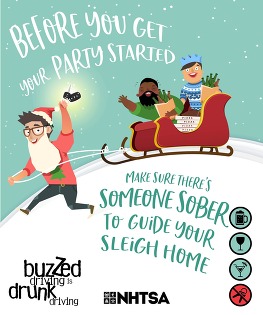 Before you get your party started, make sure their is someone sober to guide your sleigh home graphic. 