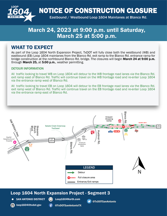 TxDOT to close two major ramps on Loop 1604 through this summer for  construction