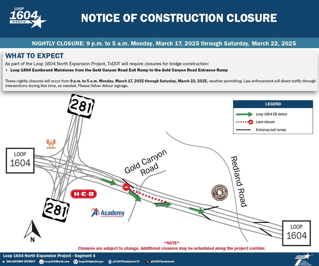 Loop 1604 North Expansion Project | Weeknight closures (week of 3/16/25)