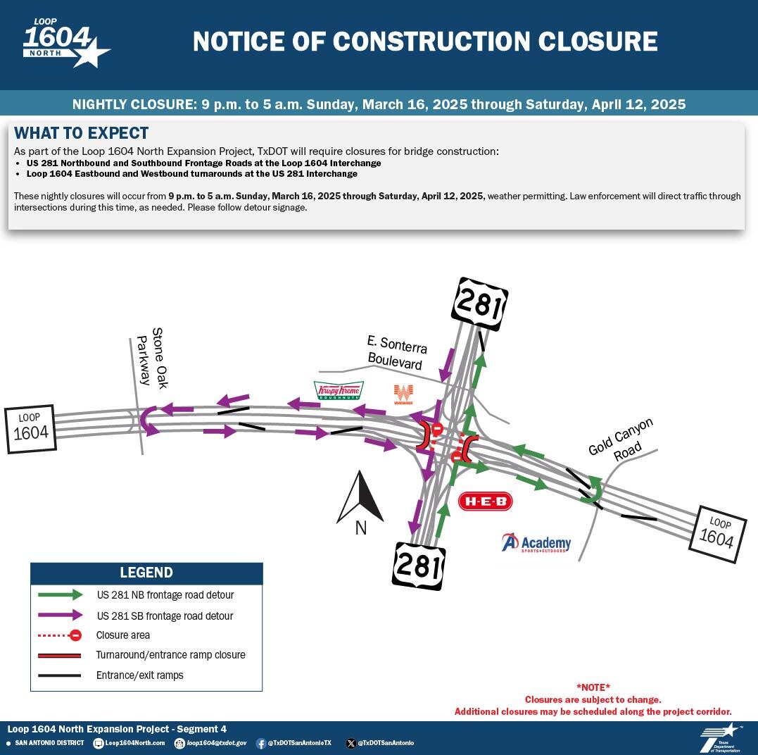 Loop 1604 North Expansion Project | Weeknight closures (week of 3/16/25)