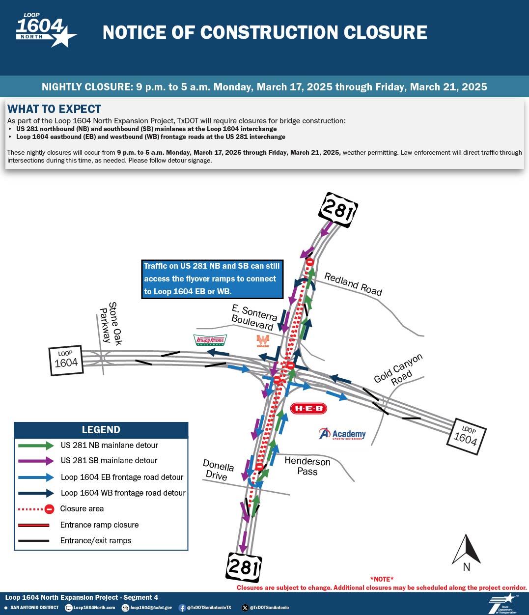 Loop 1604 North Expansion Project | Weeknight closures (week of 3/16/25)