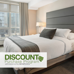 clean hotel room bed with window view and Discount Purchase Program (DPP) administered by Beneplace logo