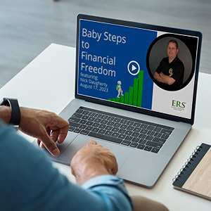 Laptop with Baby Steps to Financial Freedom webinar on screen