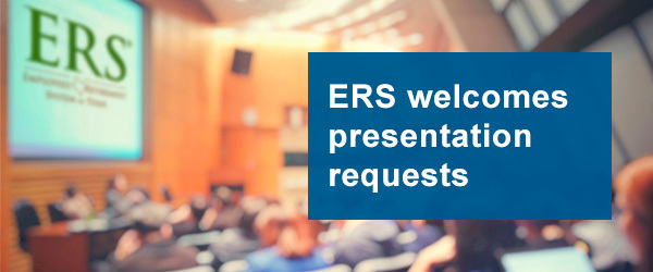 ERS welcomes presentation requests text block over photo of ERS presentation in an auditorium