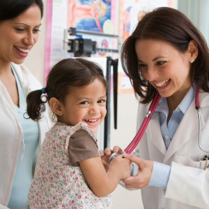 Young girl smiling at camera while doctor checks heart rate with stethoscope in clinic office