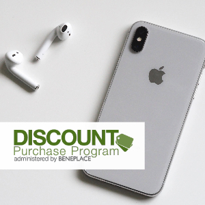 Apple iPhone and Airpods laying out on table with the Discount Purchase Program administered by Beneplace (DPP) logo