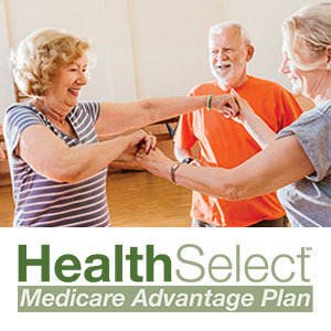Seniors dancing having fun. HealthSelect Medicare Advantage logo overlay