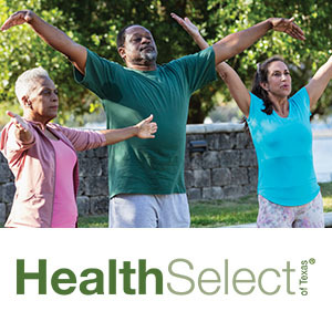 Seniors in group class outside. HealthSelect of Texas logo overlay
