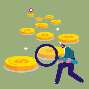 Illustration of man following money path with magnifying glass