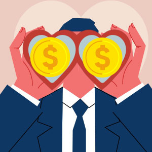 Illustration of man looking out of heart shaped binoculars into money