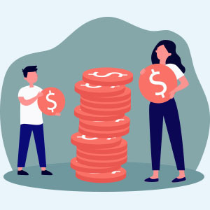 Illustration of mother and son stacking coins