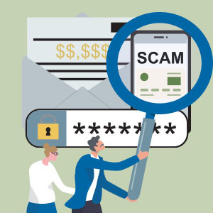 Couple with magnifying glass looking at scams