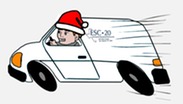 Cartoon Van Driver with Santa Hat