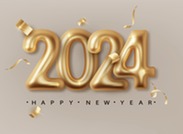 2024 spelled out with gold balloons on a light brown background