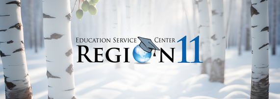 January 2024 Header — ESC Region 11 logo over an image of birch trees with snow gathering around their trunks