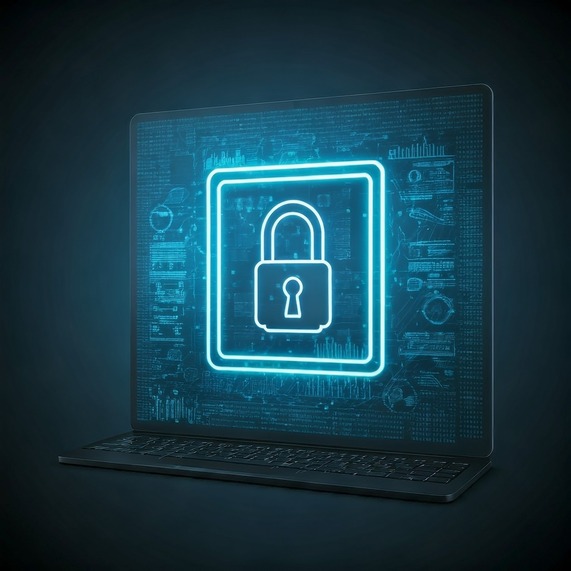 ai generated image of a laptop with a neon lock symbol on the screen