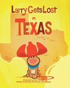 Dog wearing big red cowboy hat and the state of Texas behind him
