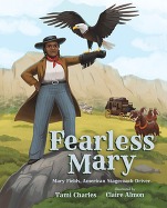 Women holding a bald eagle with stagecoach and horses in the background