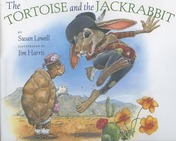 Tortoise wearing hat, glasses, and handbag looking at a jackrabbit wearing hat and overalls