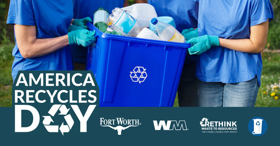 America Recycles Day, Group of people carrying bin of recyclable items