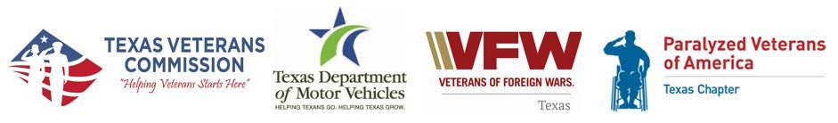 Logos for Texas Veterans Commission, Texas Veterans Commission, Paralyzed Veterans of America Texas Chapter, and Veterans of Foreign Wars