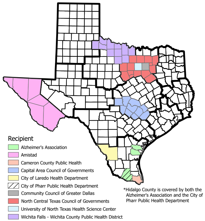 A map of Texas with counties, showing in color which counties were awarded GILDS.