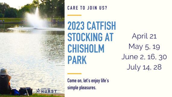 2023 Catfish Stocking at Chisholm park on April 21, May 5, May 19, June 2, June 16, June 30, July 14, July 28, Image of chisholm pond 