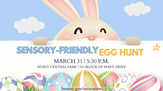 Sensory-Friendly Egg Hunt graphic with Bunny looking over eggs