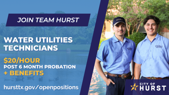 graphic promoting hiring water utilities technicians. features two current male staff members in uniforms smiling at camera.
