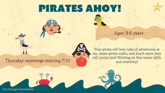 pirates ahoy! class available for 3 to 6 years olds thursday mornings starting July 13