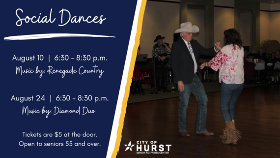 Social Dances graphic, image of woman and man dancing at Hurst Senior Activities Center 