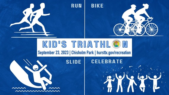 Kids Triathalon graphic of people running, biking, on and slide and celebrating. 