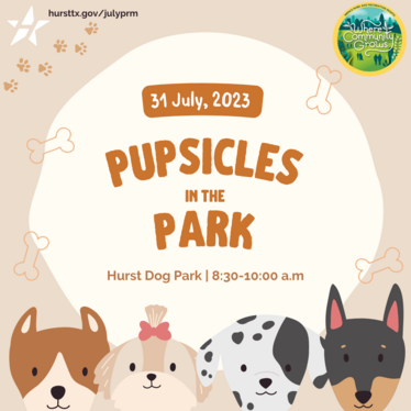 Pupsicles in the park graphic, cartoon dogs with treats 