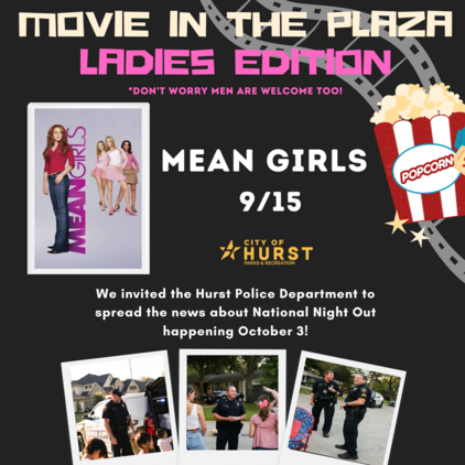 movie in the plaza with mean girls movie cover, pictures of police officers interacting with the community at past National Night out Events