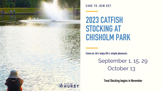catfish stocking dates on September 1, 15, 29, and October 13, image of fisherman by Chisholm Park pond