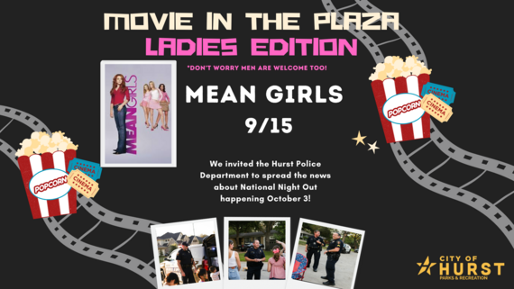 Graphic promoting Movie in the Plaza Mean Girls