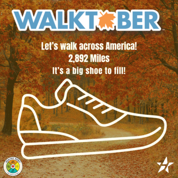 walktober graphic, fall leaves with big outline of shoe. let's walk across america