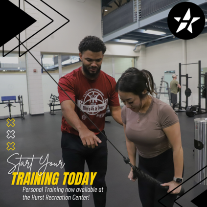 Personal training promotion, image of trainer assisting trainee on the cable machine