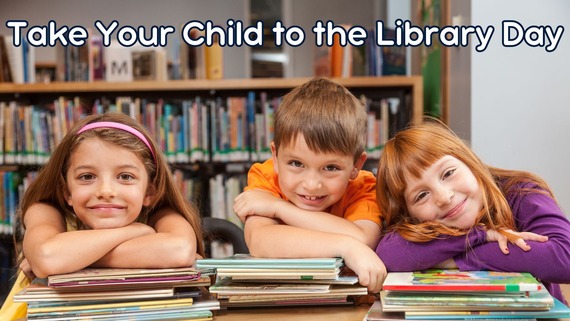 Take Your Child to the Library Day, three children resting on books smiling