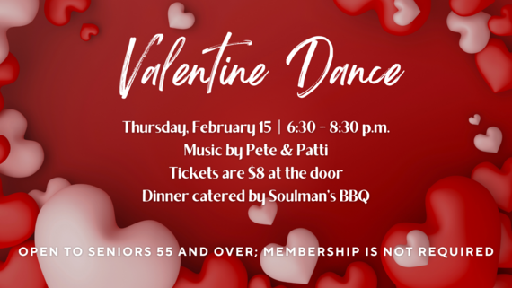 Valentine Dance graphic for Thursday, February 15 from 6:30 - 8:30