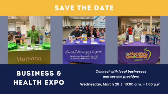 Business & Health Expo Save the date graphic with pictures of tabled vendors at previous event