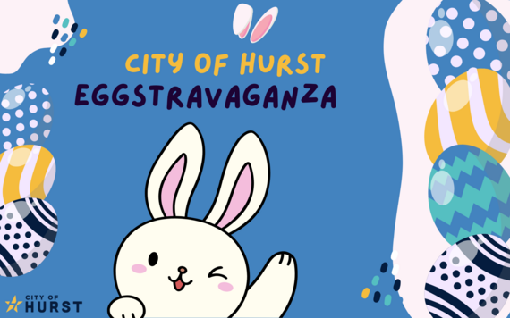 City of Hurst Eggstravaganza with decorated eggs and Mr. Bunny waving hello