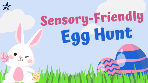 Sensory Friendly egg hunt with Mr. Bunny holding decorated eggs