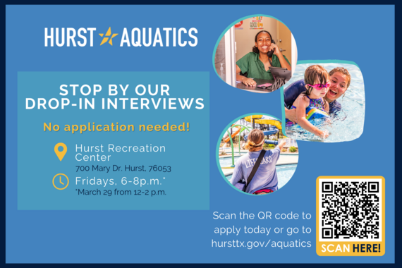 drop in interview graphic for hurst aquatics hiring, images of lifeguards, swim lesson instructors, and pool cashiers